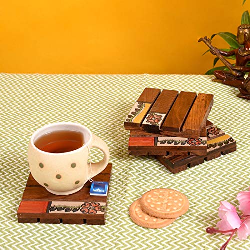 Image of Aakriti Art Creations Hand Painted Brown Wooden Coaster (Set of 4)