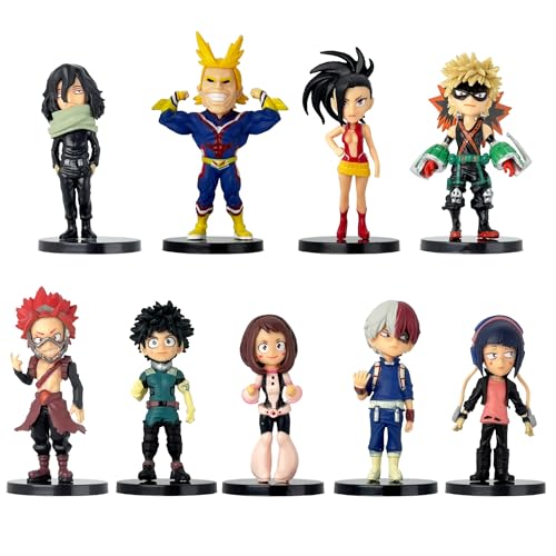 Gensly 9 Pcs Anime Mini Figures with Base MHA Character Series Set Izuku Midoriya Bakugou Katsuki Ochaco Uraraka Collection Model for Fans