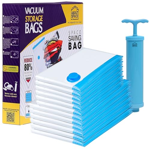 Image of ABOUT SPACE Polyamide Polyethylene Vacuum Compression Bags (12 Pack) with Hand Pump | 6Jumbo /6L Zip Seal Compression Storage Bags | Heavy-Duty Airtight Reusable Space Saver Luggage Organizer (Blue)