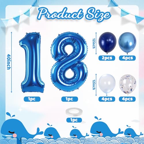 Image of Navy Blue 18 Balloons, 40 Inch Dark Blue Foil Number 18 Balloon Set, XXL Self Inflating 18 Helium Balloon with Metallic Blue Silver Confetti Balloon for Men 18th Birthday Anniversary Party Decorations