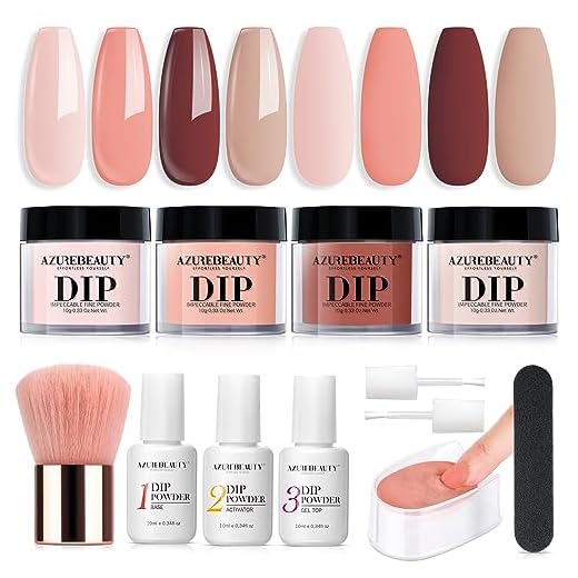 AZUREBEAUTY 12 Pcs Dip Powder Nail Kit Starter, Skin Tone Fall Winter Nude Brown 4 Colors Acrylic Dipping Powder Liquid Set with Base/Top Coat Activator for French Nail Art Manicure DIY Gift