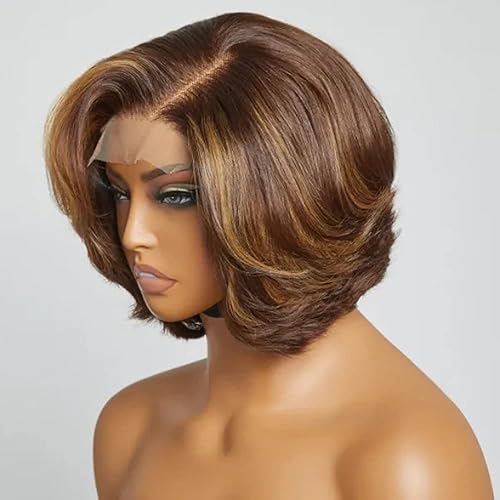 Miniatura 2 de Peluca de cabello humano corto de 13 x 6 con reflejos 4T27, peluca de cabello humano HD transparente con encaje frontal, cabello brasileño rubio