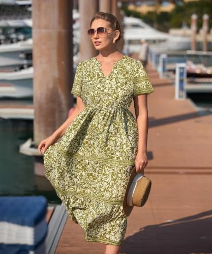 Image of TIYOMI Women Plus Size Dress Boho V Neck Short Sleeve Beach Maxi Dresses Floral /Stripe /Leaves /Lemon XL-5XL