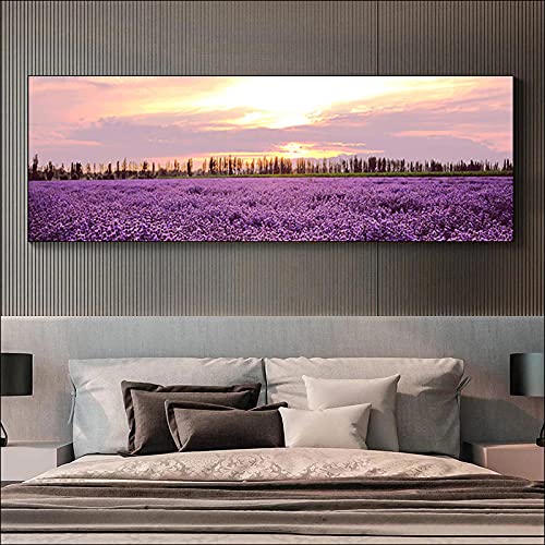 Cuadro de paisaje de lavanda al atardecer en lienzo de 40x120 cm