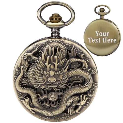 Alwesam Custom Dragon 3D Pattern Design Quartz Personalized Pocket Watch with Chain Best Gifts for Men Women