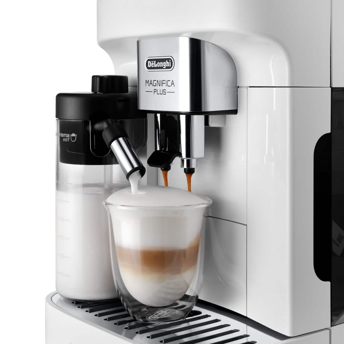 De'Longhi Magnifica Plus ECAM320.60.W, Macchina Caffè Automatica, Sistema LatteCrema Hot per Cappuccino Automatico, 4 Ricette, Display Colorato Soft Touch, Funzione Extra Shot, Funzione x2, Bianca