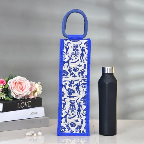 Image of Kuber Industries Bottle Bag | Jute Carry Bag | Water Bottle Cover for Office | Reusable Wine Bottle Bag with Handle for Office | Gift Bag | Warli-Print | Pack of 3 | Multi