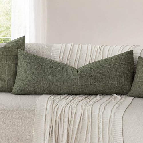 Image of Foindtower Set of 1 Decorative Linen Check Throw Pillow Cover Neutral Long Body Lumbar Cushion Cover Farmhouse Vintage Boho Home Decor for Sofa Chair Couch Bedroom Living Room,14x36 Inch,Olive Green