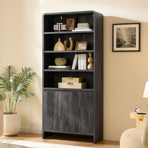 Image of AMERLIFE 71 inch Modern Wood Bookcase with Storage Cabinets, Black | 6 Tier Bookshelf, Large Space, Adjustable Shelves, Curved Design, Ideal for Living Room, Bedroom, Home Office, Easy Assembly