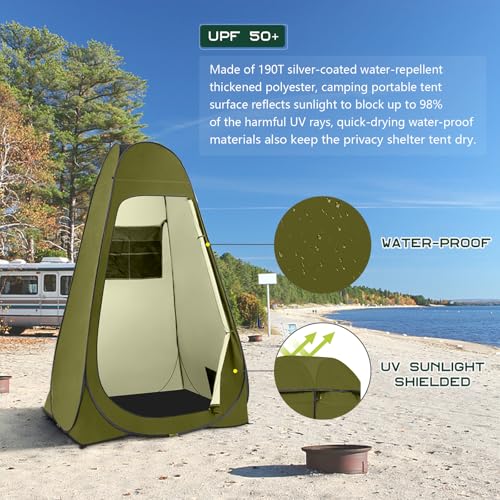 Image of BRIAN & DANY Pop Up Shower Tent, 6.9 FT Tall Changing Tent with Rain Shelter & Windows, Portable Privacy Tent for Camping, Toilet or Bathroom, UPF 50+ & Waterproof, 47.2 inch x 47.2 inch x 82.7 inch, Olive Green