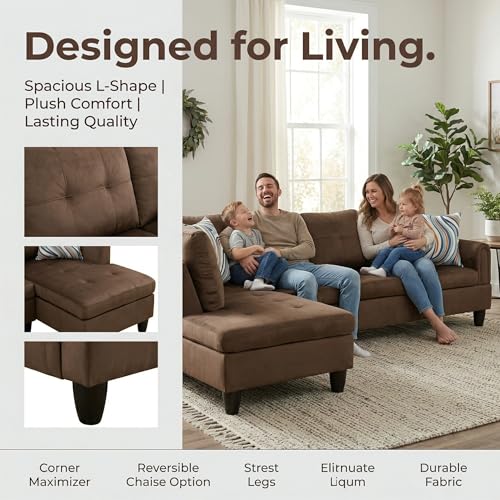 Image of L-Shaped Sectional Sofa, Modern 4-Seat Couch with Left Facing Chaise, Sectional Couch for Living Room, Apartment, Office, Chocolate