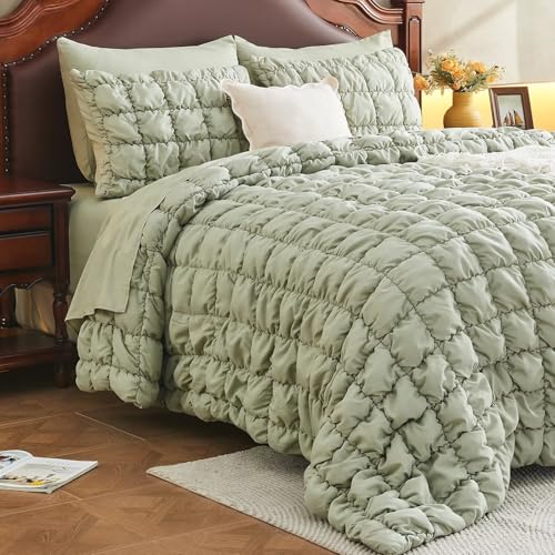 Image of Green Comforter Set King Size Bed in A Bag 7 Piece Pinch Pleat Bedding Set, Pintuck Ruched Square Bed Set with Comforter, Sheets, Pillowcases & Shams