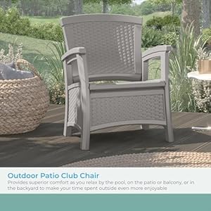 Suncast Elements Outdoor Resin Club Chair with 11-Gal. Storage Area, Modern Storage Chair for Patios, 18.75" W x 18.75" D x 18" H, Gray Suncast Elements Outdoor Resin Club Chair with 11 Gal Storage Area Modern Storage Chair for Patios 1875 W x 1875 D x 18 H Gray