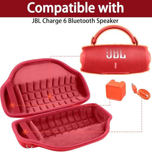 Image of co2CREA Case for JBL Charge 6 Portable Bluetooth Speaker, Red | High-Density Foam Padding, Reinforced Handle, Detachable Shoulder Strap, Compact Lightweight Design, Dust Protection