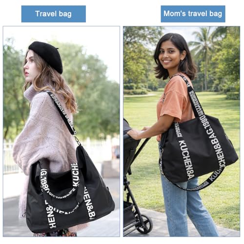 Image of PALAY Travel Bag Black Oxford Cloth Gym Bag Waterproof Letter Print Strap Crossbody Bags Large Capacity Zip-up Mommy Duffle Bags for Travelling