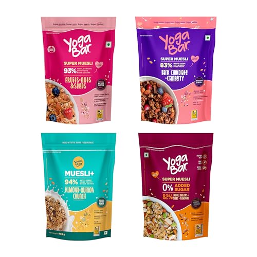 Image of Yogabar Wholegrain Breakfast Muesli |Fruits Nuts and Seeds | Dark Chocolate Cranberry | Almond Quinoa Crunch |No Sugar Super Muesli |400gm Each