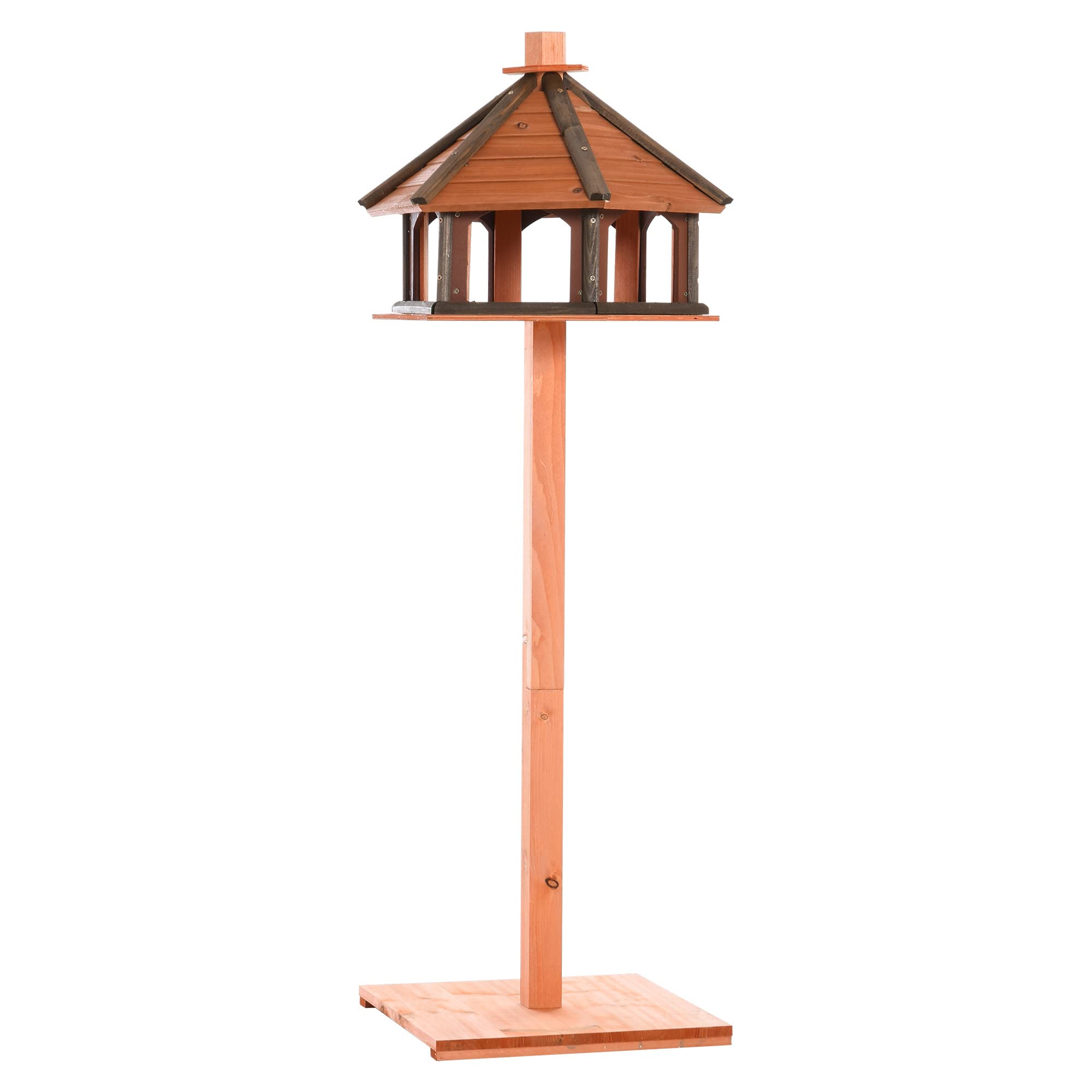 PawHut Comedero para Pájaros de Pie de Madera Maciza Ø52x130 cm con Techo Alimentador de Aves Silvestres Jardín Natural