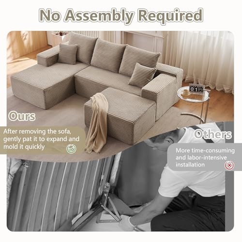 Image of Lakifun 107 inch L-Shape Sofa with Ottoman, Modern Modular Sectional Comfy U-Shape Cloud Couch, Deep Seat, Upholstered Corduroy Sleeper Chaise Longue for Living Room Bedroom, No Assembly Required, Camel
