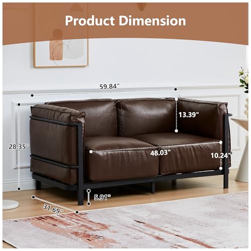 Image of QHITTY Loveseat Sofa, Mid-Century Modern Upholstered Couch Chair Faux Leather Sofa Couch with Iron Frame and Upholstered Armrest Backrest Cushion for Living Room, Office, Apartment (Brown)