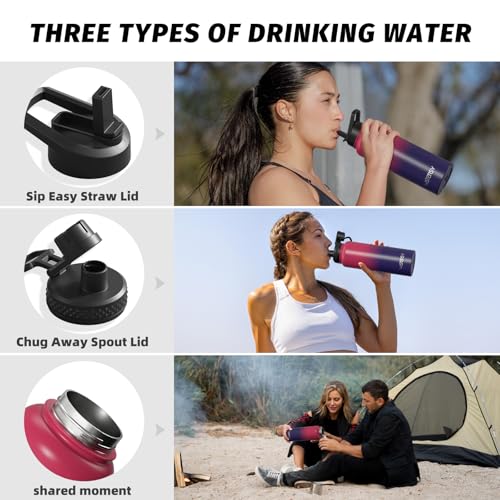Image of 40oz Insulated Water Bottle (Cold for 48 Hrs),BPA Free&Leak Proof,Stainless Steel Water Flask,Water Jug with Straw Spout Lids for Gym,Hiking,Travel,Red Purple