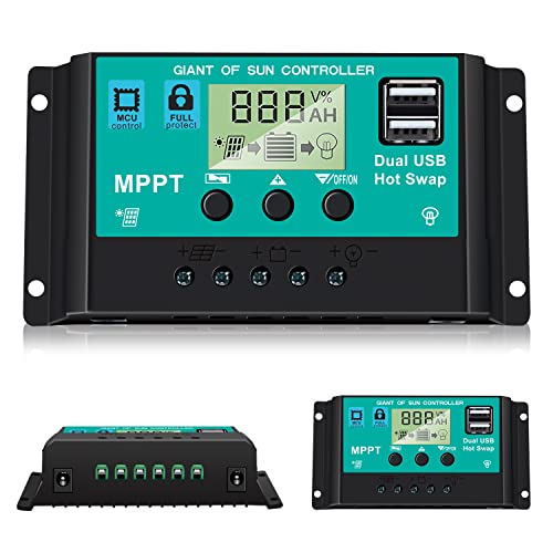 BOSYTRO 40A Contrôleur de Charge Solaire ,Régulateur Intelligent de Panneau Solaire 12V/24V, Avec Interface de Port DC 5,5*2,5mm, Avec 5V Double Port USB Affichage LCD Pour L'Industrie, La Maison