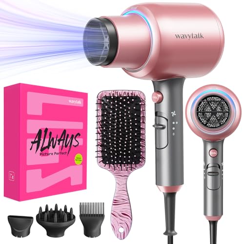 Wavytalk Hair Dryer with Diffuser, Blown Away Ionic Hair Dryer with 4 Attachments for All Hair Types, 1875W Blow Dryer with Ceramic Technology, Gift P