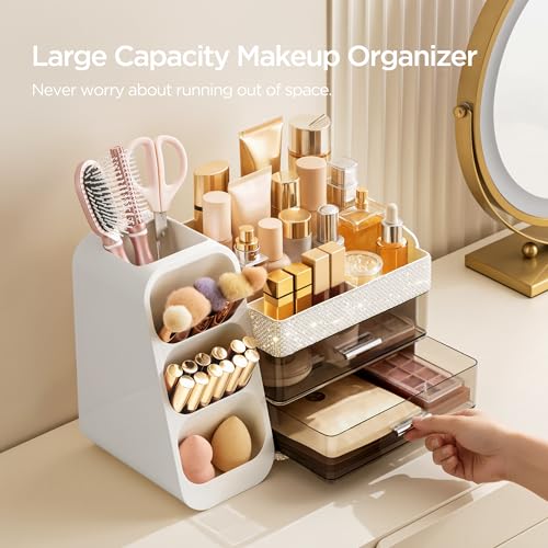 Image of HBlife Makeup Organizer with Brush Holder for Vanity, Large Plastic Bathroom Countertop Organizer Skin Care Storage, Easy to Store Lipsticks, Nail Polishes, Perfumes, Eyeshadow Palettes, Pearl White