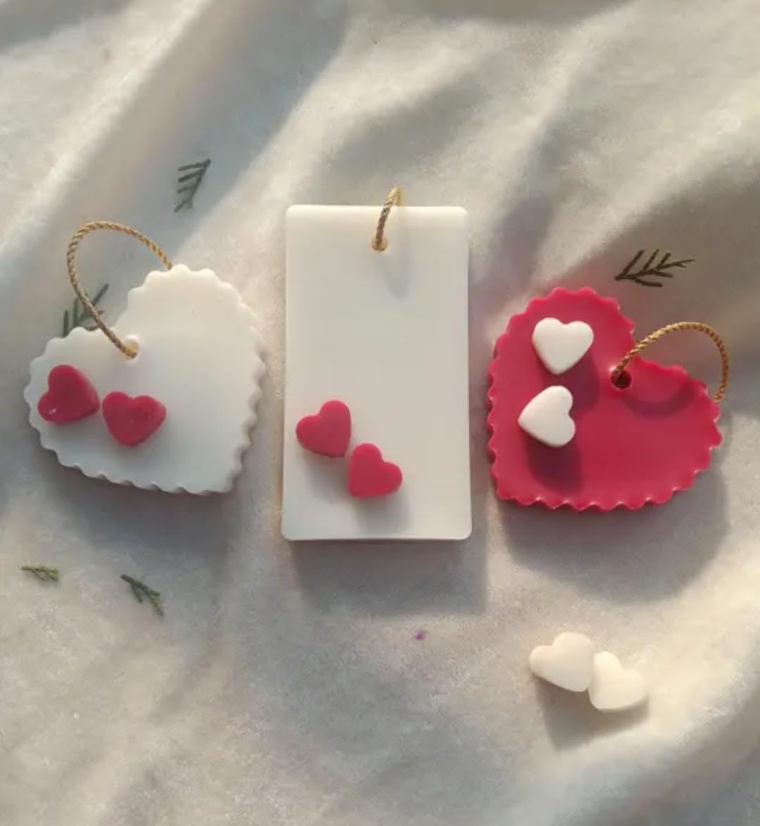 Decorative Scented Wax Sachet Ornaments with Heart Embellishments, White and Red, Set of 3, Valentine's Theme