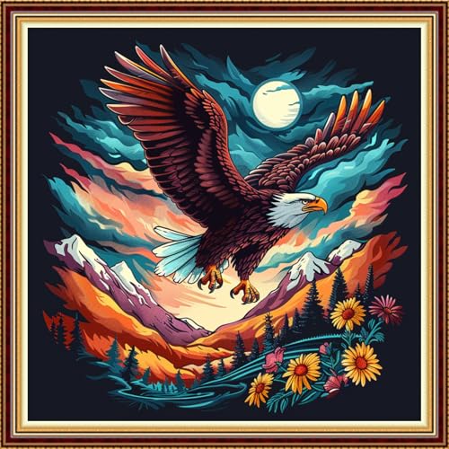 Image of Fanxvivy Stamped Counted Cross Stitch Kits for Adults Printed Cross-Stitch Patterns 11CT Stamped or Counted Cross Stitching Embroidery Kit Needlepoint Kits-Moonlit Eagle 18x18 inch