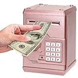 Renvdsa Cartoon Electronic ATM Password Piggy Bank Cash Coin Can Auto Scroll Paper Money Saving Box Gift for Kids (Rose Gold)