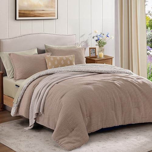 Image of BLOOMHAVEN Full Comforter Set - 7 Pieces Dark Brown Bedding Sets for All Seasons, Lightweight Breathable Bed in a Bag Full with Revesible Farmhouse Comforter, Sheets, Pillowcases & Shams