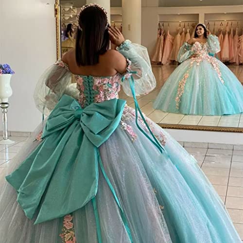 Youjiayi Puffy Sleeve Quinceanera Dresses with Bow 3D Floral Sweet 16 Dresses with Train Off Shoulder Lace Beaded Ball Gown3