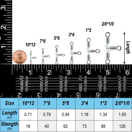 Dr.Fish 20 Pack 3-Way Fishing Swivels with Glow Beads Barrel Swivels Fishing Tackle T Shape Stainless Steel Three Way Catfish Rig 1 * 2