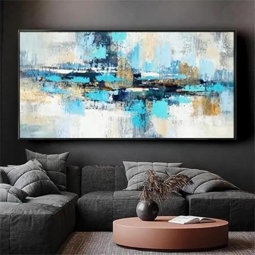 Feuille d'or texturée sur grande peinture abstraite de 70x140cm au cadre interne bleu ciel