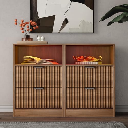 Image of Wodeer LED Nightstand with Charging Station, Fluted Nightstand Set of 2, Wood Nightstands with 2 Drawers & Metal Handles, Modern Bedside Table & End Tables, Farmhouse Night Stands for Bedroom, Walnut