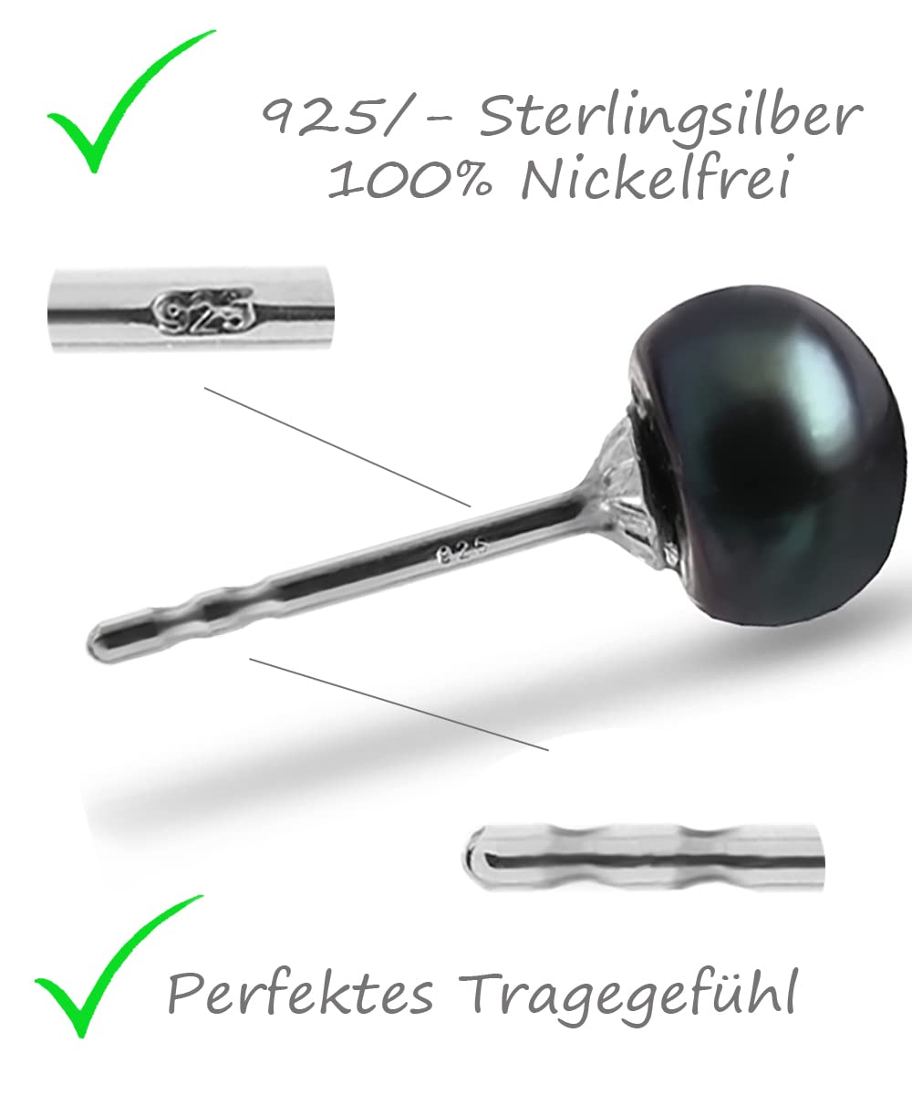 Ohrstecker Süßwasserperlen 925 Silber, Weiß/Rosa/Schwarz, 6-6,5 mm | in Silber & vergoldet, handgefertigt, nickelfrei, ideal als Geschenk für Frauen