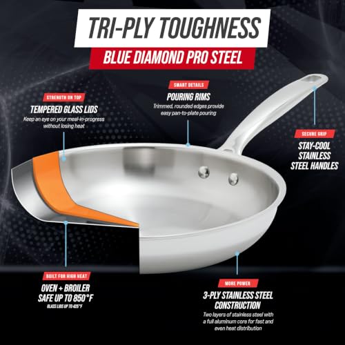 Image of Blue Diamond Pro Steel 2 Piece Tri-Ply Stainless Steel Frying Pan Set | 9.5 inch & 11 inch Multi Clad Skillets, Induction & All Stovetop Suitable, Mirror Polished Finish, Dishwasher Safe, Oven Safe to 850F