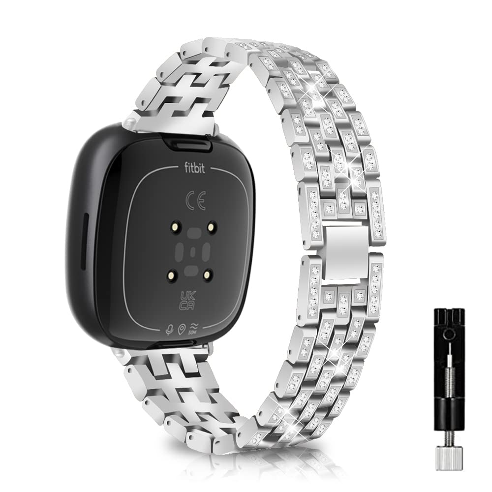 KeeFos Metal Strap Compatible with Fitbit Versa 4/Versa 3/Fitbit Sense 2/Sense, Shiny Straps with Rhinestones for Women Men, Stainless Steel Watch Band - Silver