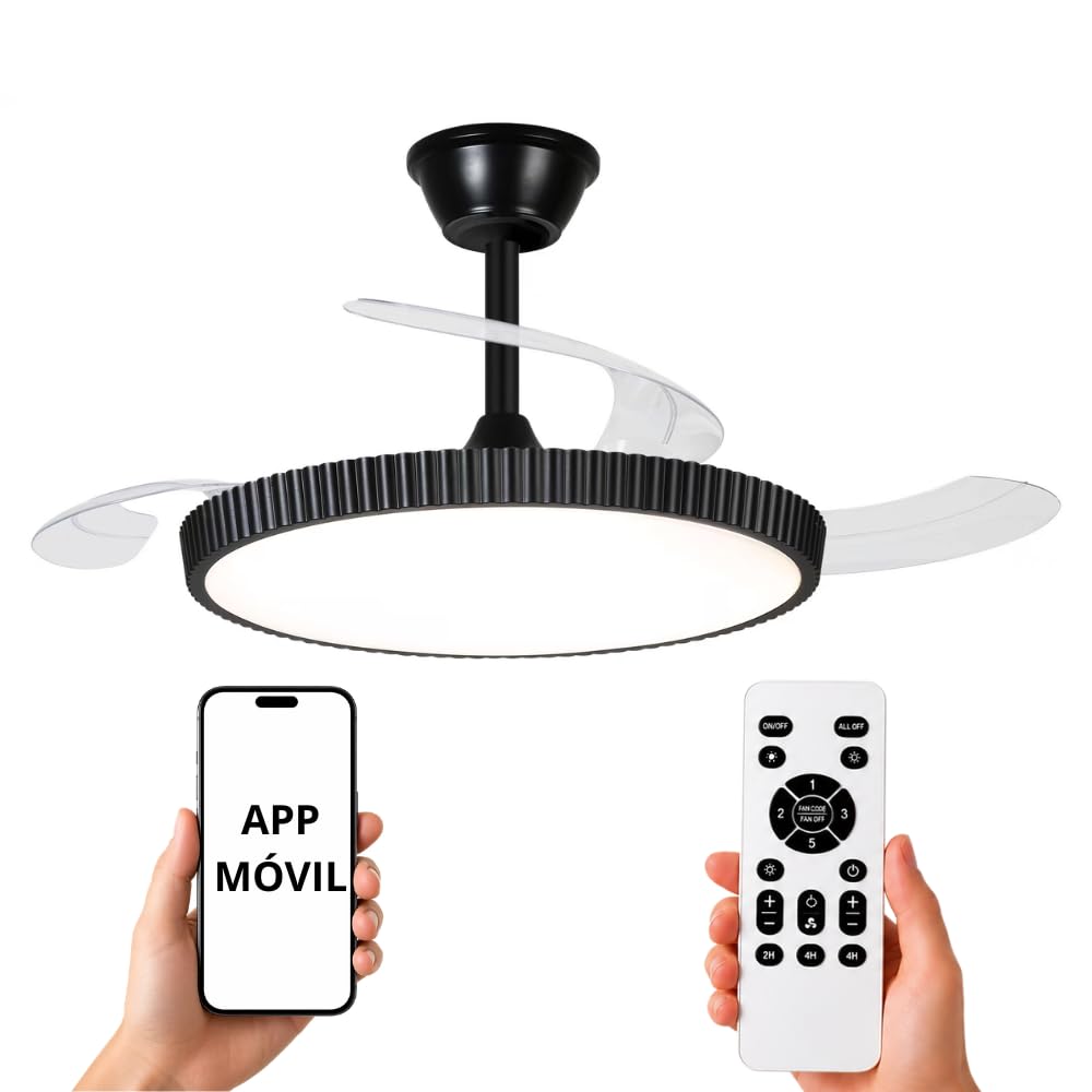 NARVI Black Ceiling Fan Ø107 cm with Dimmable LED Light, Silent DC Motor Low Consumption, Fan Lamp with Remote Control, 3 Retractable Blades, MANHATTAN 8996 BK