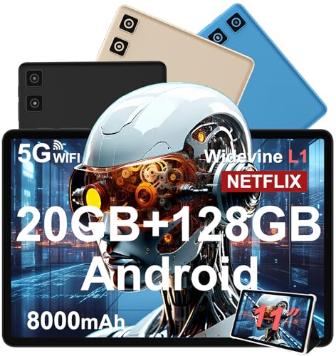 Tablette Android 14 avec Widevine L1, 13MP+5MP, 8000 mAh + Charge Rapide 18 W, Tablette Tactile 11 Pouces avec 20 Go RAM + 128 Go ROM (Extensible 1 To), 5G...