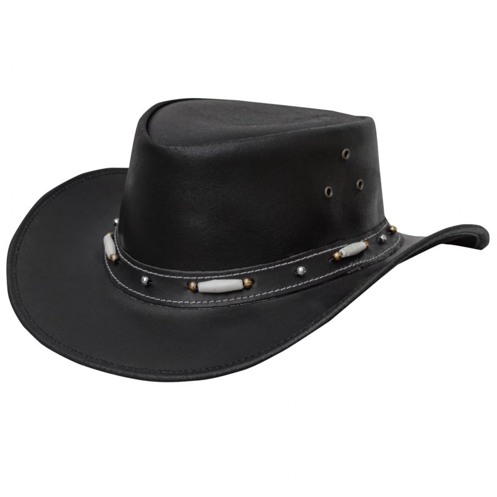 Dream Apparel Black Leather Cowboy Hat for Men Women Western Australian Outback Hat with Shapeable Wide Brim, Aussie Style Leather Hat, Size 2XL