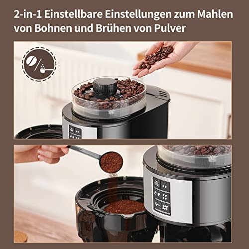AiHom kaffeemaschine mit mahlwerk,filterkaffeemaschine mit Glaskanne,Warmhaltefunktion 35 Minuten,Kegelmahlwerk,2/4 / 6… – Bild 4
