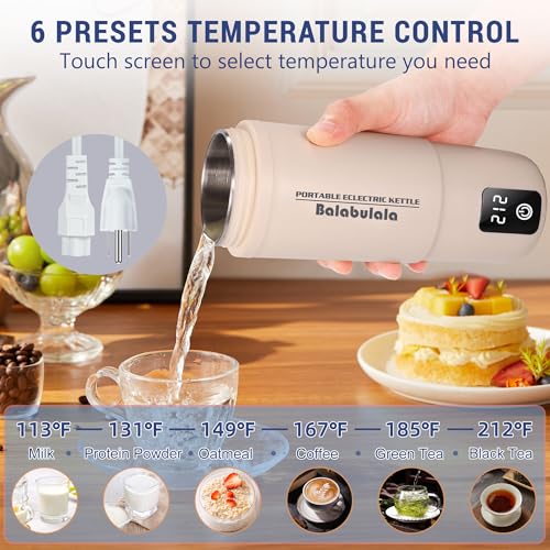 Image of Travel Electric Kettle, Balabulala Portable Water Boiler with 6 Variable Presets,Small Electric Kettle with Keep Warm Temperature Controls & Boil Dry Protection, 14oz,White