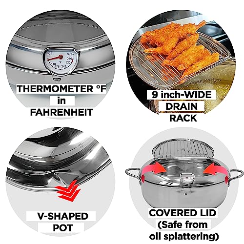 Image of Saltlas Deep Fryer Pot (F), 11 inch /4.4Qt (4.2 L) Extra Large Tempura Frying Pot with Lid, 304 Stainless Steel Fry Pot with Fahrenheit Thermometer and Oil Drip Drain Rack