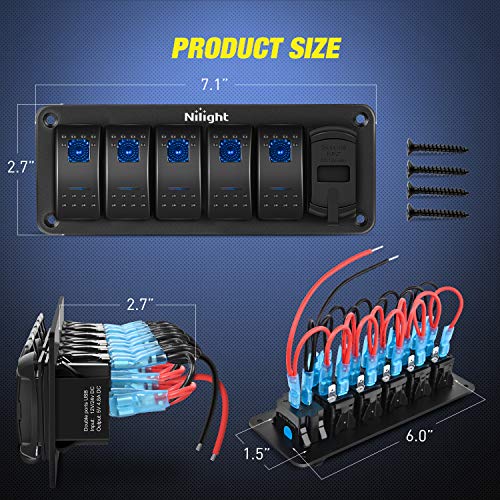 Nilight 5 Gang Rocker Switch Panel with 4.8 Amp Dual USB Charger Voltmeter Night Glow Stickers Waterproof 12V 24V DC for Car Trucks Boats RVs by Nilight - Image 2