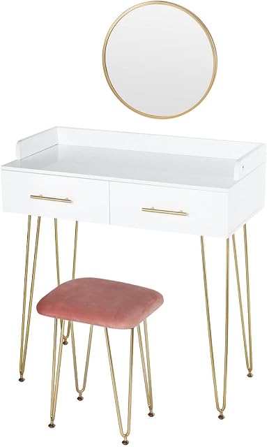 EUGAD Dressing Table Set with Mirror and Pink Stool, Modern Vanity Makeup with 2 Drawers, 80x40 cm, White 0024SZT