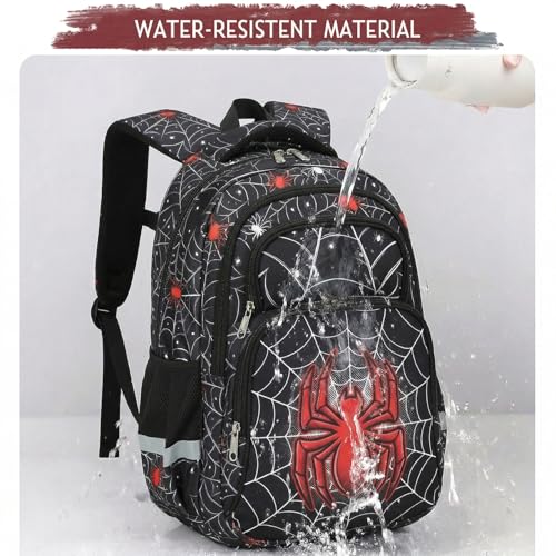 Image of Cusangel kids Backpack with lunch box for School Boys Girls 8-12ages,16in Bookbag Stitch,durable Water Resistant,7 Pockets, Adjustable Chest Strap,Large For Travel,Gifts (Red Spider Set-17in)