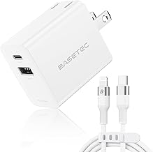 BASETEC 急速充電器 20W PD対応 折りたたみ式｜USB-C & USB-A 2ポート｜ケーブル付 (タイプC-Lightning, ホワイト)