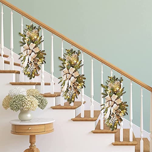 Light Up Christmas Swag Wreath 2024 -Cordless Prelit Stairway Swag Trim -Christmas Swag Wreaths for Front Door Wall Window -Hanging Stair Teardrop Swag Garlands -Hanging Ornament Decor 1pcs (Gold) - Thumbnail 2