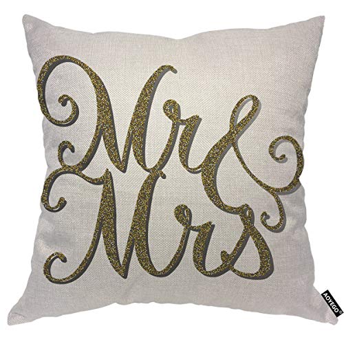 Aoyego Mr Mrs Letter Throw Pillow Cover Wedding Golden Artistic Luxury Font Pillow Case 18X18 Inch Decorative Men Women Room Cushion Cover For Home Couch Bed